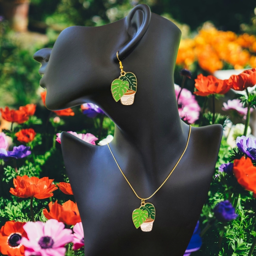 Monstera Necklace and Earring Set
